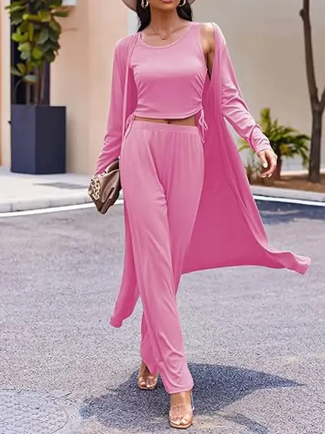 Women's 3 piece Casual Cardigan Vest Long sleeve Suit Pink - Shop at LoveMi