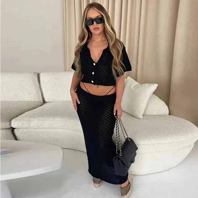 Women's Hollow Short Sleeve Beach Knitting Suit Black - Shop at LoveMi