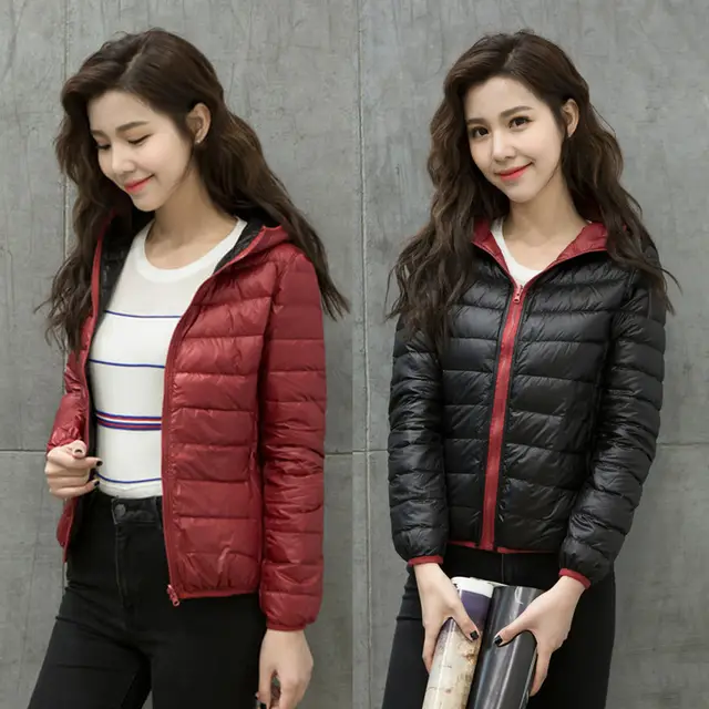 Women's Down Jacket Thin Hood Short Plus Size Solid Color Wine Red - Shop at LoveMi