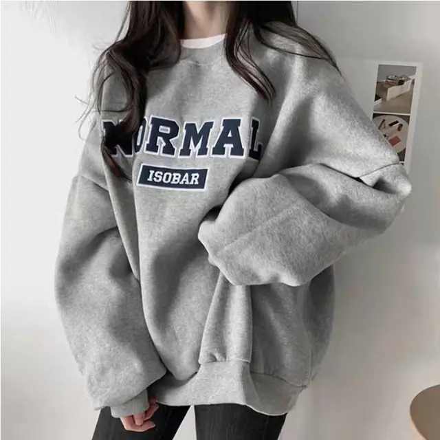 Gray Capless Round Neck Brushed Hoody Women's Loose Gray Velvet - Shop at LoveMi