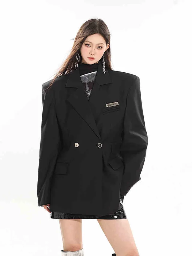 Loose And Simple Design Sense Metal Label Suit Jacket Black - Shop at LoveMi