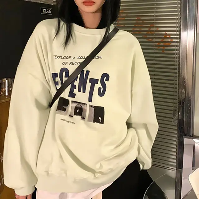 Fleece lined Loose fitting Casual Pullover Women's Fall Winter Coat Vintage Round Neck Milk Apricot - Shop at LoveMi
