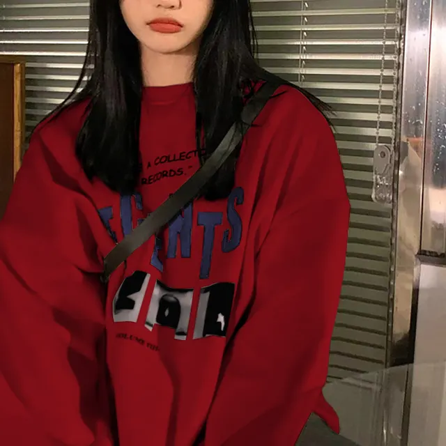 Fleece lined Loose fitting Casual Pullover Women's Fall Winter Coat Vintage Round Neck Red - Shop at LoveMi