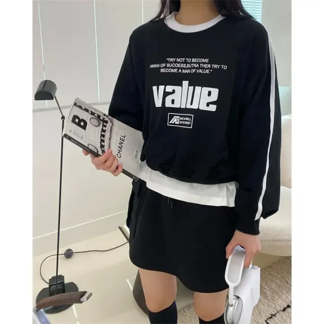 Women's Vintage Letter Print Sports Sweater Black - Shop at LoveMi