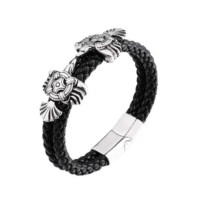 Viking Animal Stainless Steel Leather Bracelet Retro Personality Crow 24Cm - Shop at LoveMi
