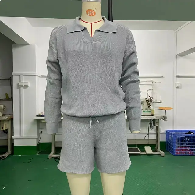 V neck Long Sleeve Top Drawstring Wide Leg Shorts Casual Two piece Sweater Gray - Shop at LoveMi