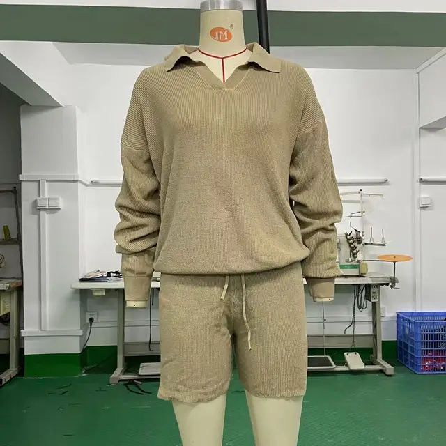 V neck Long Sleeve Top Drawstring Wide Leg Shorts Casual Two piece Sweater Khaki - Shop at LoveMi