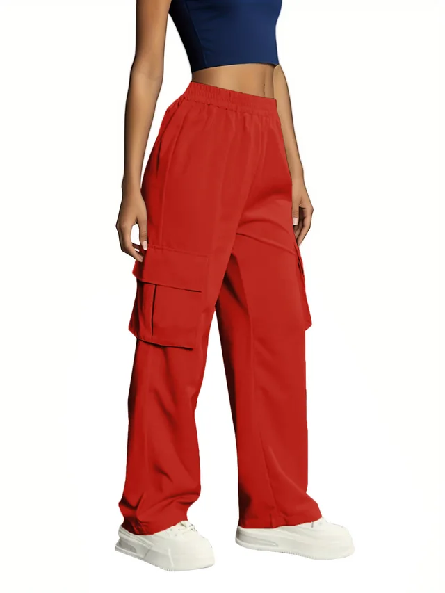 Solid Color High Waist Flip Pocket Overalls For Women Red - Shop at LoveMi