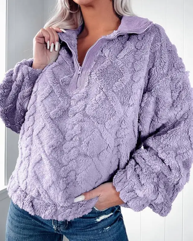 Simple Solid Color Half Zipped Stand Collar Loose Fleece Sweatshirt Purple - Shop at LoveMi