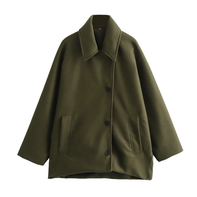 Loose Short Multi color Blended Woolen Coat Outerwear Army Green - Shop at LoveMi