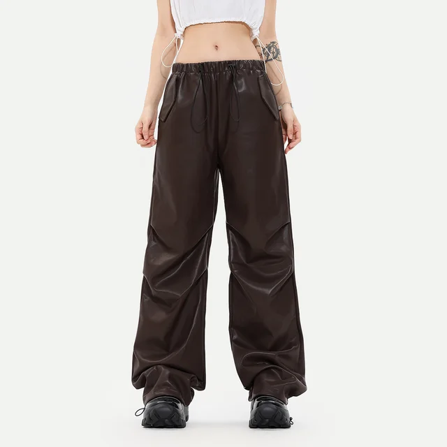 High Arcade Car Wind Wide Leg Fashion Brand Ankle Banded Casual Leather Pants Brown - Shop at LoveMi