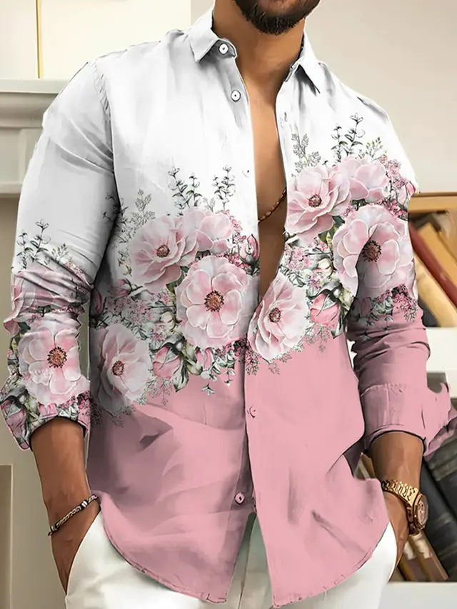 Lapel Bamboo Linen Men's Casual 3D Printing Long Sleeve Shirt Top Zjmcs101S9651869 - Shop at LoveMi