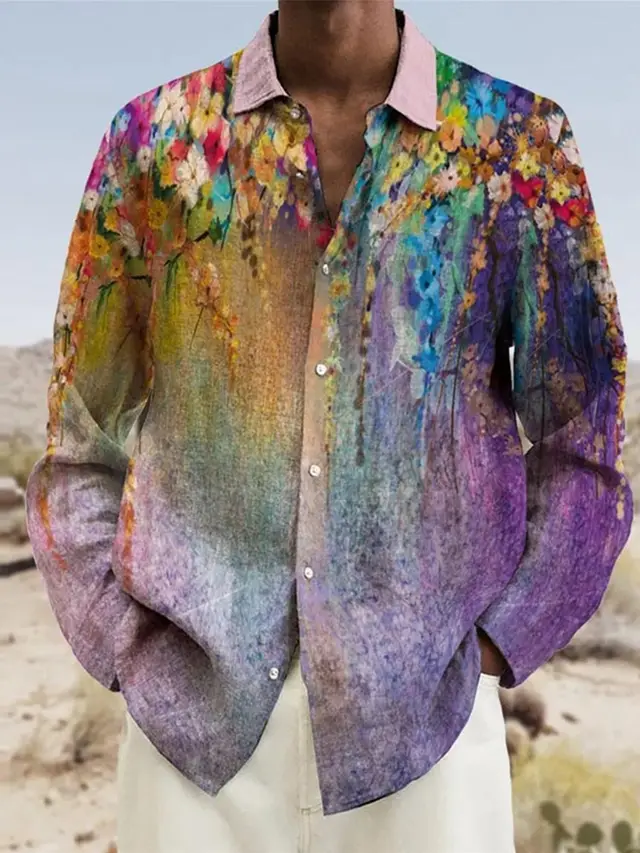 Lapel Bamboo Linen Men's Casual 3D Printing Long Sleeve Shirt Top Zjmcs103S9579752 - Shop at LoveMi