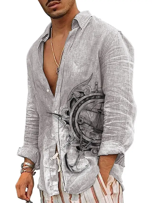 Lapel Bamboo Linen Men's Casual 3D Printing Long Sleeve Shirt Top Zjmcs106S9613749 - Shop at LoveMi