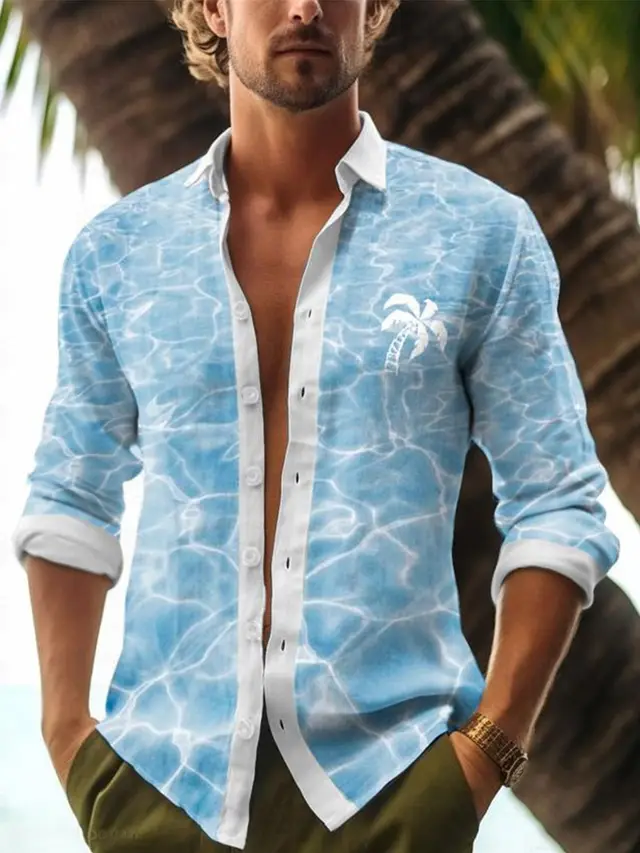 Lapel Bamboo Linen Men's Casual 3D Printing Long Sleeve Shirt Top Zjmcs108S11149397 - Shop at LoveMi