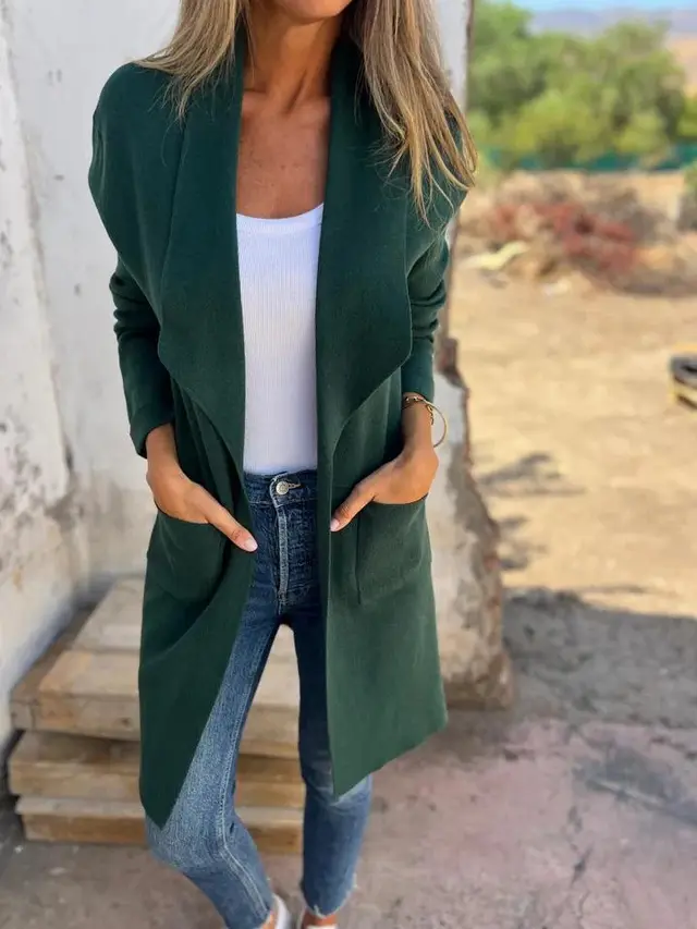 Fall And Winter Lapels Mid length Knitted Cardigan Thin Woolen Coat Dark Green - Shop at LoveMi