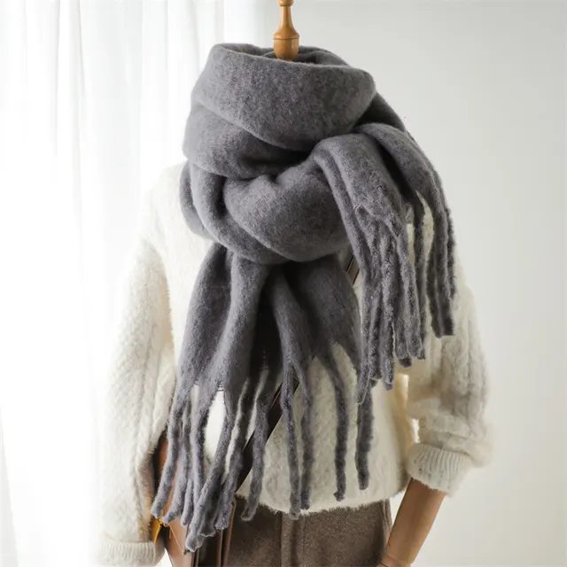 Mohair Pure Color All matching Winter Warm Lengthened Fringe Bib Towel Dark Gray - Shop at LoveMi