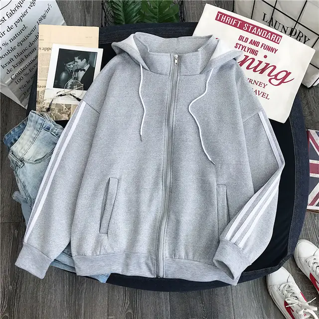Student Loose Hoodie Cardigan Jacket Gray - Shop at LoveMi