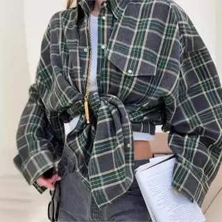 Retro Style Versatile Loose Plaid Long Sleeve Shirt - Dark Gray