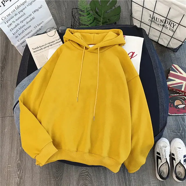 Women's Solid Color Hoodie Long Sleeve Yellow - Shop at LoveMi