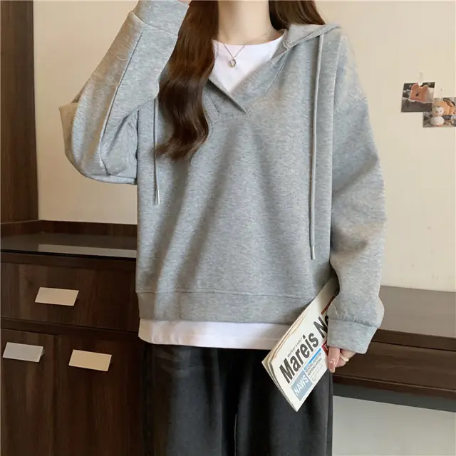 Loose Slimming Patchwork Fake Two piece Top Dark Gray - Shop at LoveMi