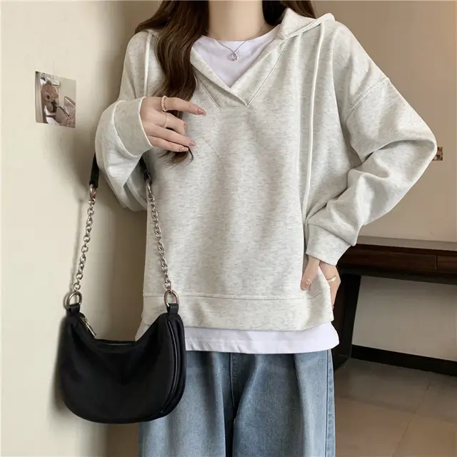 Loose Slimming Patchwork Fake Two piece Top White Flower Gray - Shop at LoveMi