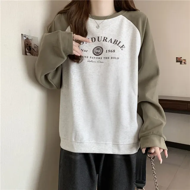 Contrast Color Raglan Long Sleeve Hooded Printed Women Light Gray - Shop at LoveMi