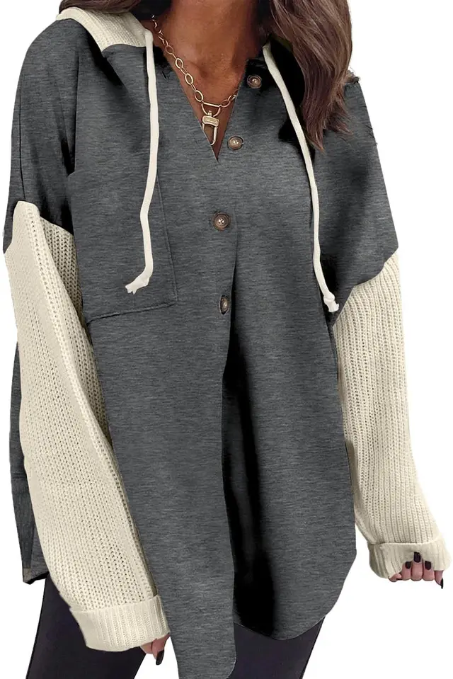 Women's Loose Long Sleeve Button Hooded Sweatshirt Dark Grey - Shop at LoveMi