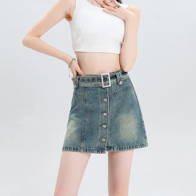 Belt Design Sense Denim Skirt Female Blue - Shop at LoveMi