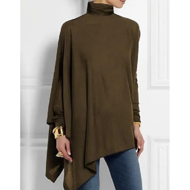 Long Sleeved Irregular Hem Solid Color Pullover Top Brown - Shop at LoveMi