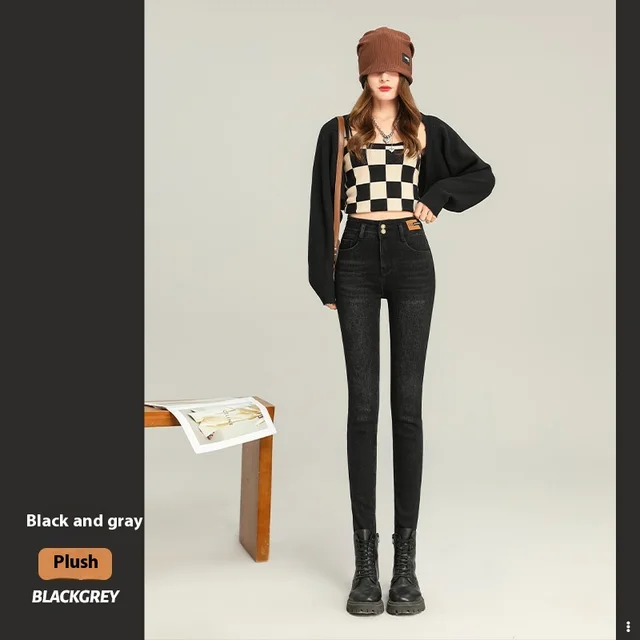 Fleece lined Thick Jeans Women's Slim Fit Black And Gray Velvet - Shop at LoveMi