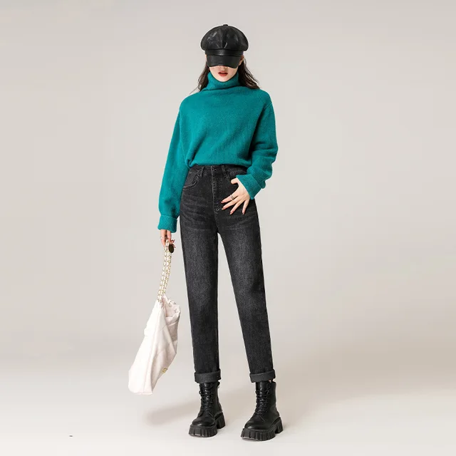 New Thin Velvet Denim Harem Pants Women Black And Gray - Shop at LoveMi
