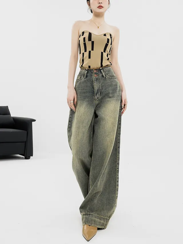 Retro Nostalgic Wide leg Jeans For Women Summer Retro Blue - Shop at LoveMi