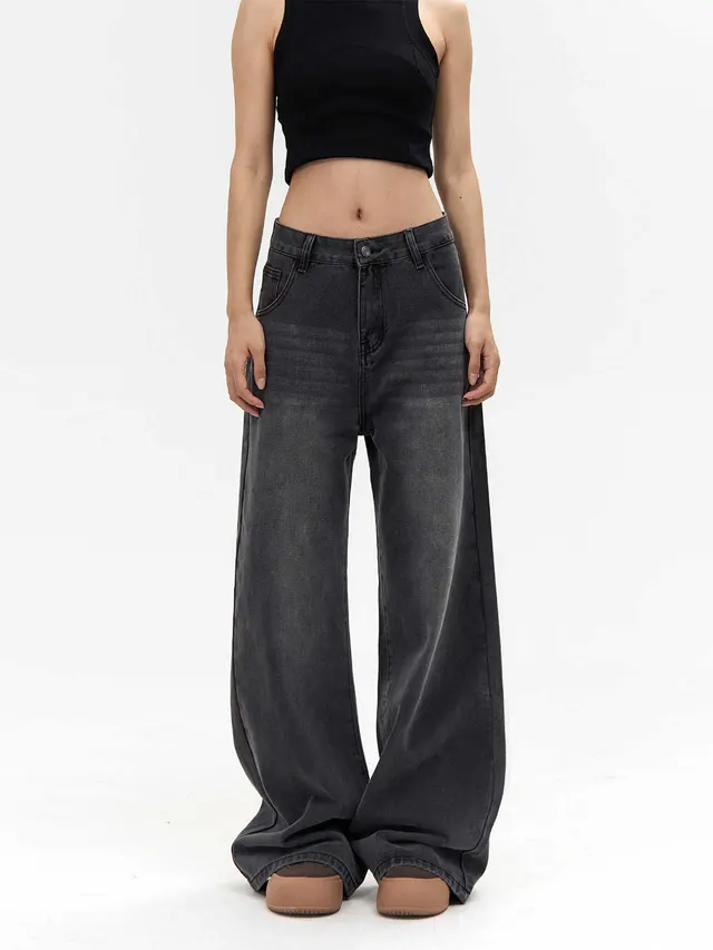 High Waist Straight Jeans Loose Wide Leg Pants Gray - Shop at LoveMi