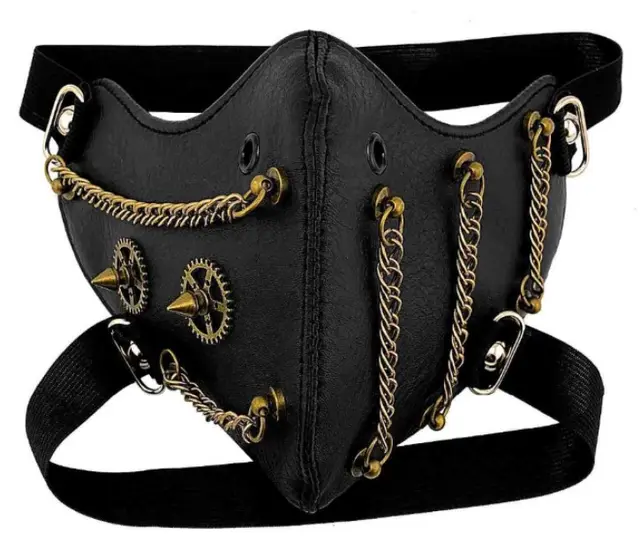 Skull Riding Leather Black Half Face Mask Bronze Chain - Shop at LoveMi