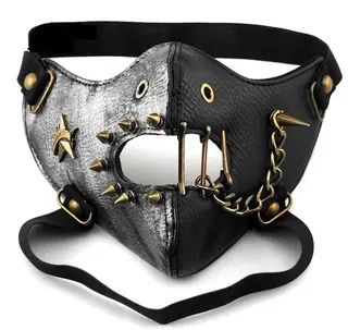 Skull Riding Leather Black Half Face Mask - Silver Black