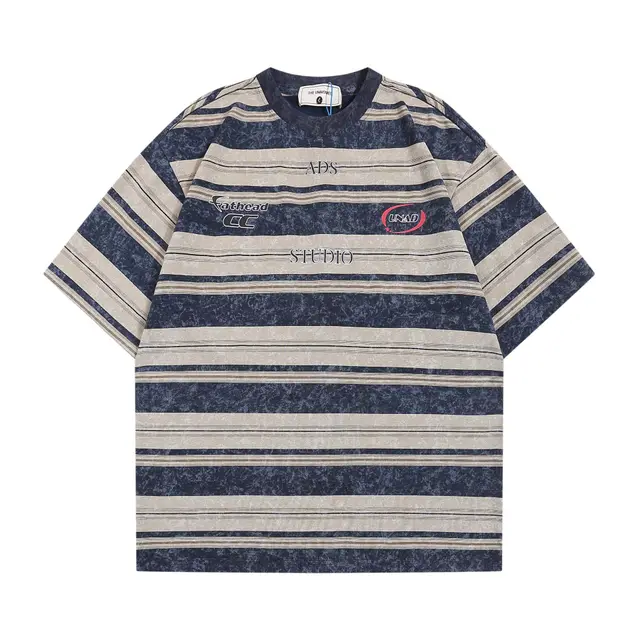 Japanese style Retro Striped Short sleeved T shirt Men's And Women's Letter Printing Sapphire Blue - Shop at LoveMi