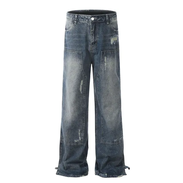 Washed And Frayed High Street Jeans Stitching American Straight Blue - Shop at LoveMi