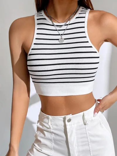 Black And White Striped Short Style Outer Wear Slim Sleeveless Vest Black - Shop at LoveMi