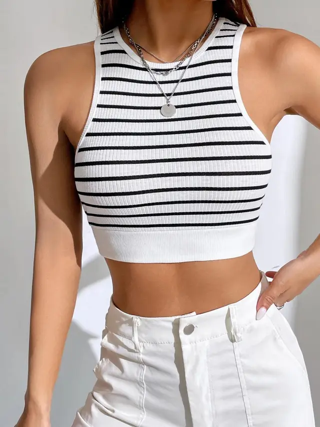 Black And White Striped Short Style Outer Wear Slim Sleeveless Vest Black - Shop at LoveMi