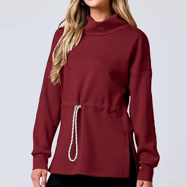 Drawstring Waist tight Sweater Mid length Women's Wine Red - Shop at LoveMi