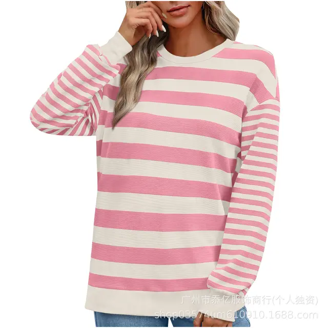 Striped Round Neck Contrast Color Loose Long Sleeve Sweatershirt Women Pink And White Stripes - Shop at LoveMi