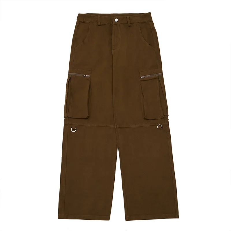 Overalls Zipper Oversize Baggy Straight Trousers - Brown