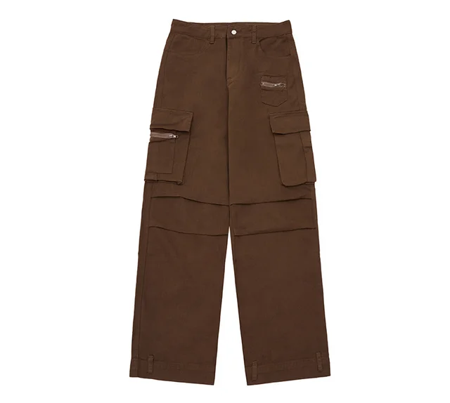 Retro Overalls Solid Color Straight Pleated Paratrooper Pants Brown - Shop at LoveMi