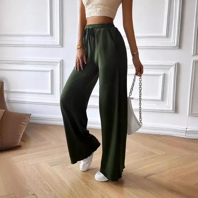 Women's Clothing Loose fitting Wide leg Trousers Army Green - Shop at LoveMi