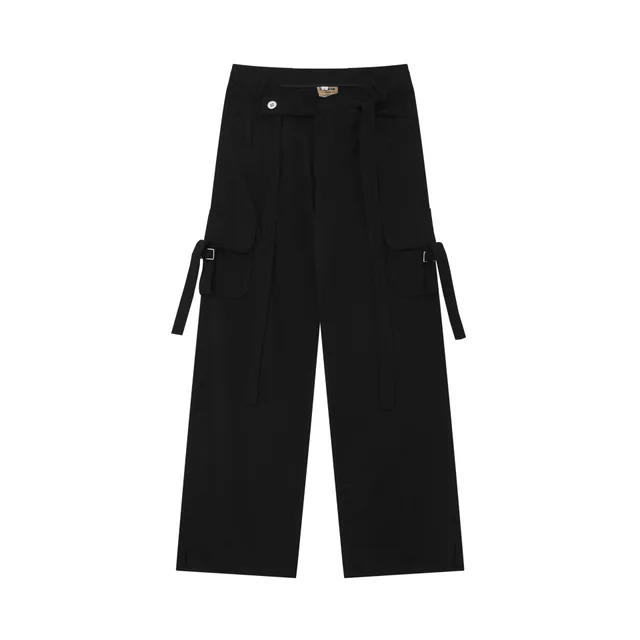 Female Decorative Ribbon Cross Waist Seal Straight Cargo Pants Black - Shop at LoveMi
