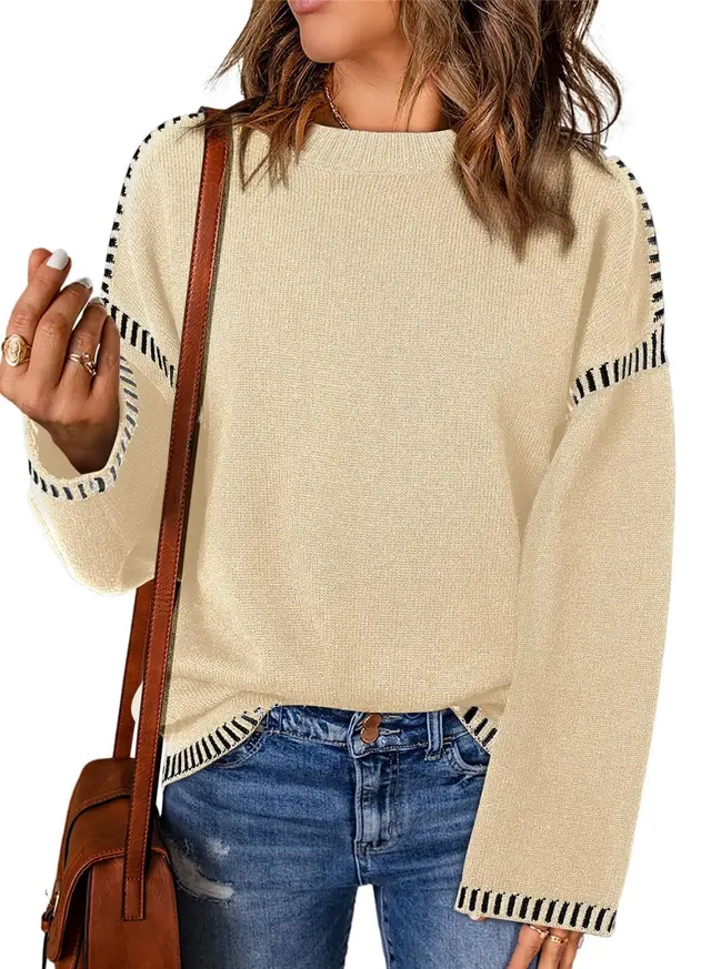 Women's Sweater Thread Patchwork Knitting Pullover Crew Neck Apricot - Shop at LoveMi