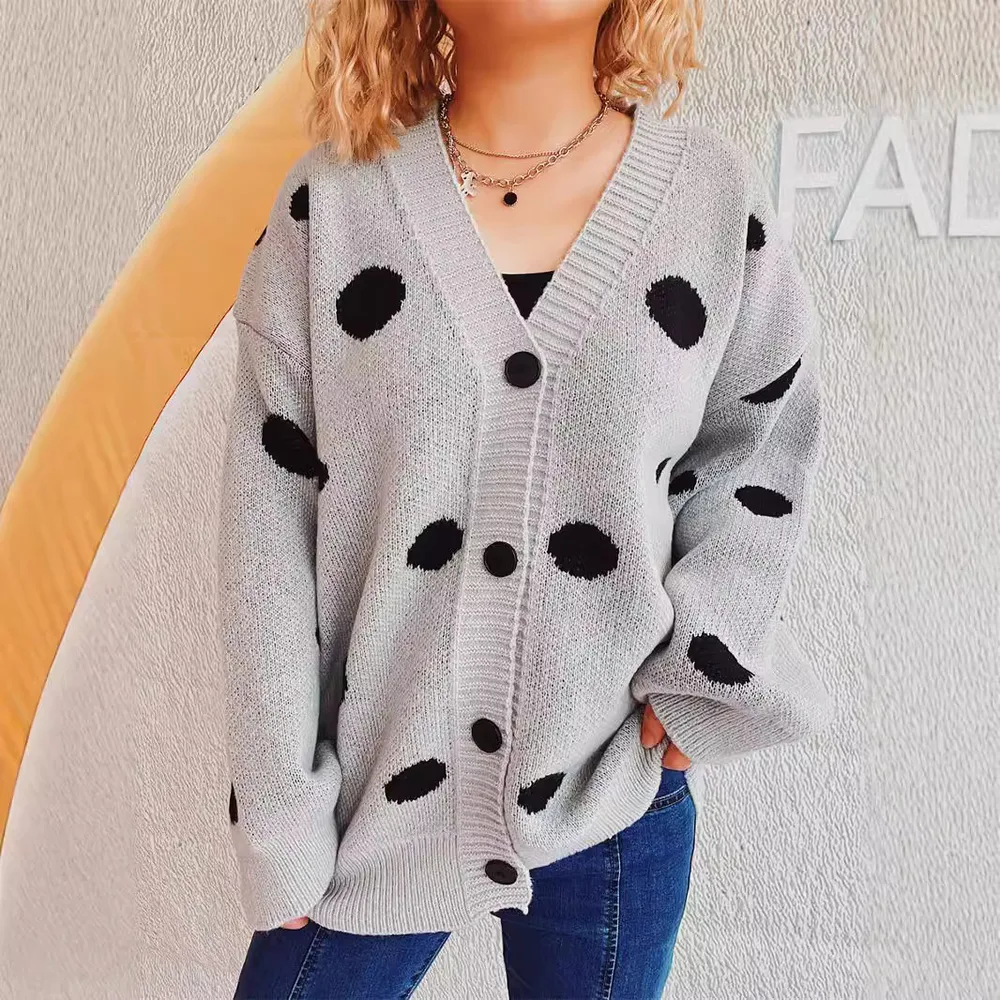 Big Dot Jacquard Knitted Cardigan V neck Coat Women Light Gray - Shop at LoveMi