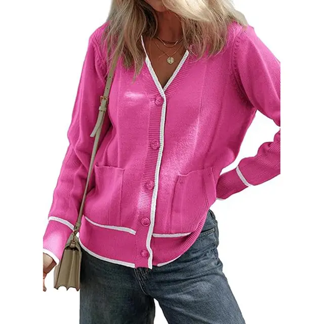 Women's Knitted Button Coat Color Matching Sweater Rose Red - Shop at LoveMi