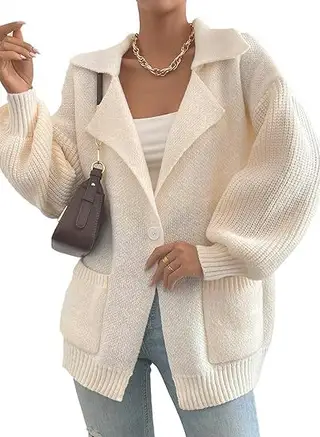 Women's Lapel Sweater Coat V-neck Buttons - Beige